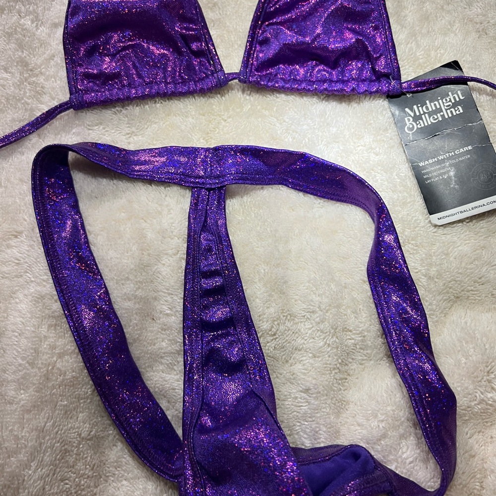 Purple Shimmer Triangle Bikini Set With Matching Thong With Bow - Picture 5 of 5